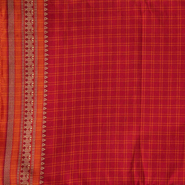 Pure Cotton Handloom Checks Red With Orange And Border Hand Woven Fabric