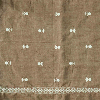 Pure Cotton Handloom Light Brown With White Flower Motif   Emboriderey Hand Woven Fabric