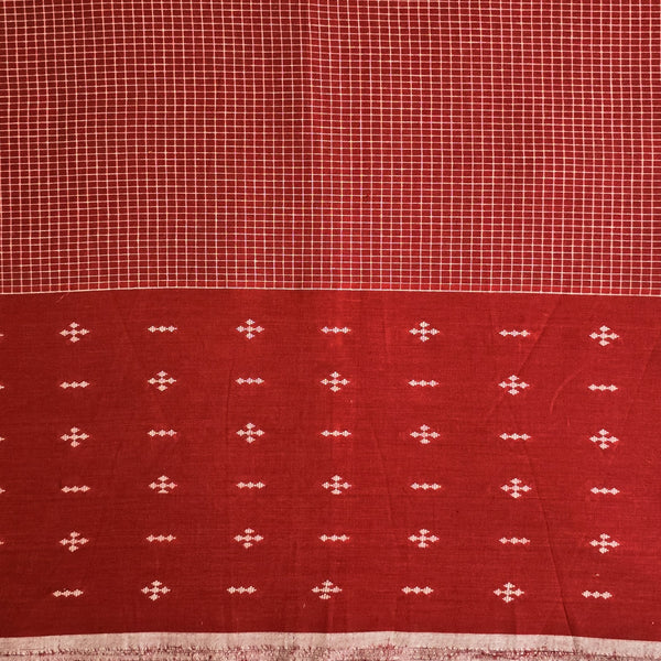 Pure Cotton Handloom Red And White Small Checks And Big Border Design Hand Woven Fabric