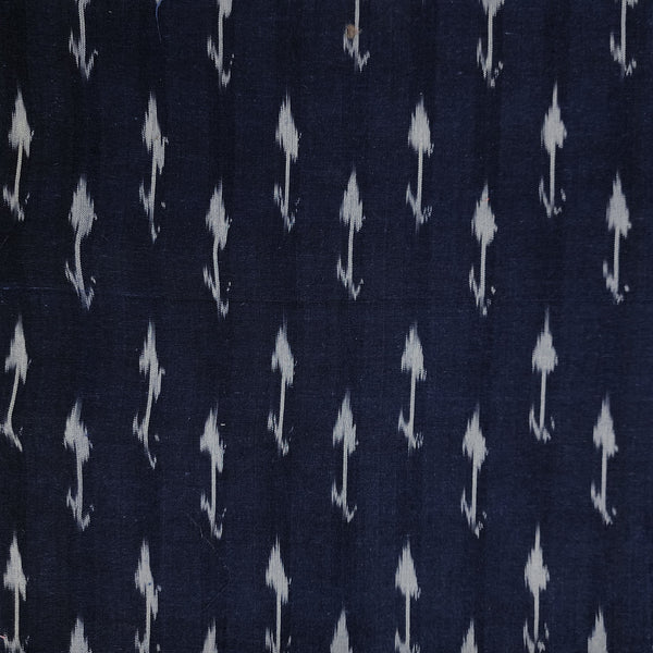 ( Precut 1.70 Meter ) Pure Cotton Ikkat Navy Blue With White Flower Buds Hand Woven Fabric