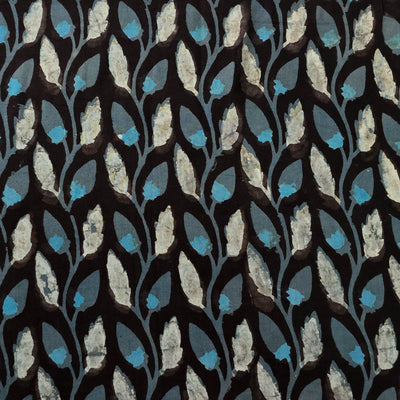 Pure Cotton Jahota Black With Grey And Blue Creeper Hand Block Print Fabric