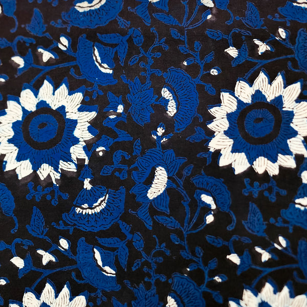 Pure Cotton Jahota Black With Navy Blue And Cream Wild Flowers Jaal Hand Block Print Fabric