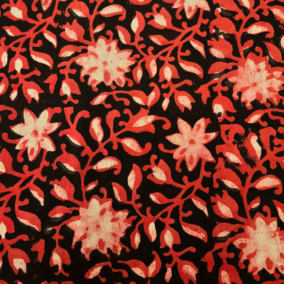 Pure Cotton Jahota Black With Rust Red Flower Jaal Hand Block Print Fabric