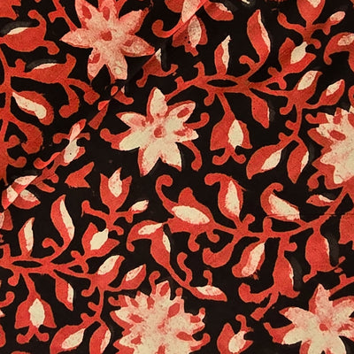 Pure Cotton Jahota Black With Rust Red Flower Jaal Hand Block Print Fabric