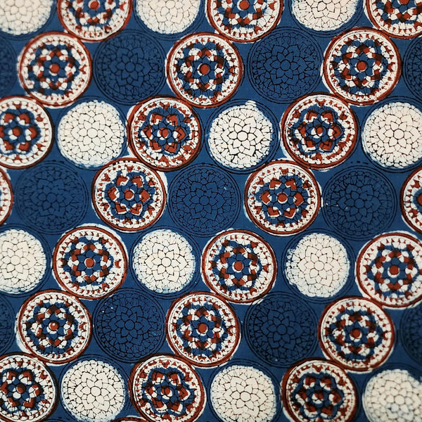 Pure Cotton Jahota Blue With Cream And Black And Rust Mandala Design Hand Block Print Fabric
