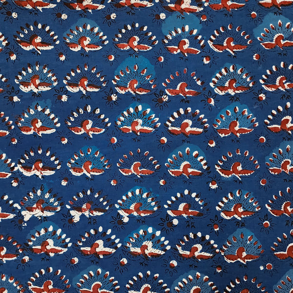 Pure Cotton Jahota Blue With Rust And Black Peacock Motifs Hand Block Print Fabric