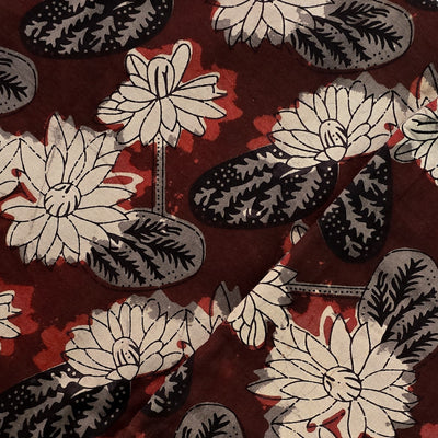 Pure Cotton Jahota Dark Brown With White Flower And Grey Hand Block Print Fabric