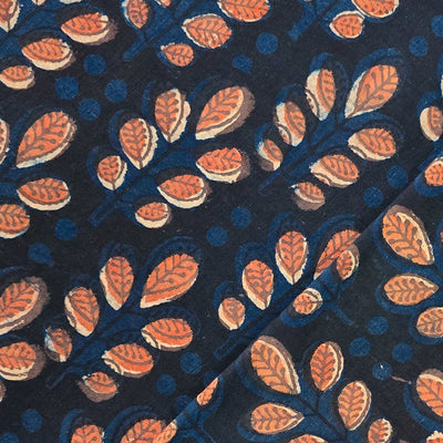 Pure Cotton Jahota Navy Blue With Rust Flower Buds Hand Block Print Fabric