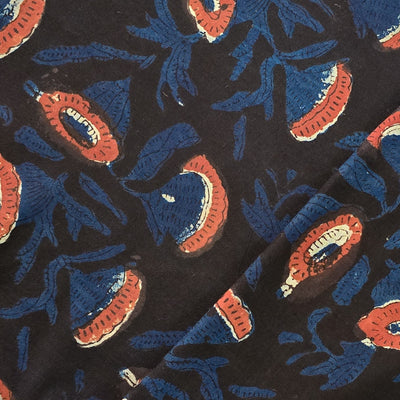 Pure Cotton Jahota Navy Blue With Rust Flower Jaal Hand Block Print Fabric