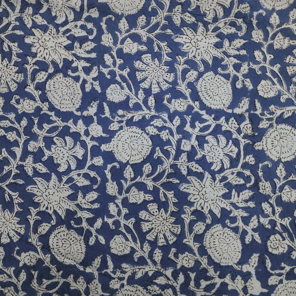 Pure Cotton Jahota Navy With Grey Floral Jaal Hand Block Print Fabric