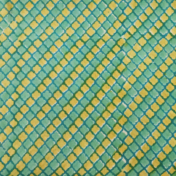 Pure Cotton Jaipuri Beautiful Sea Green Yellow Tiles Hand Block Print Fabric