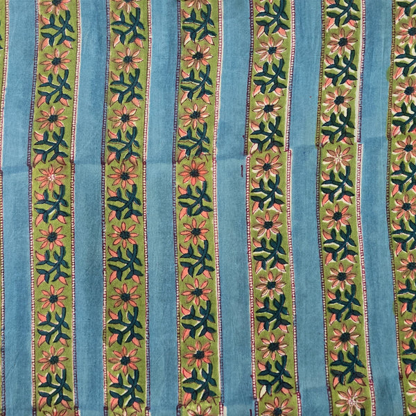 Pure Cotton Jaipuri Blue With Cream And Green Flower Border Hand Block Print Fabric