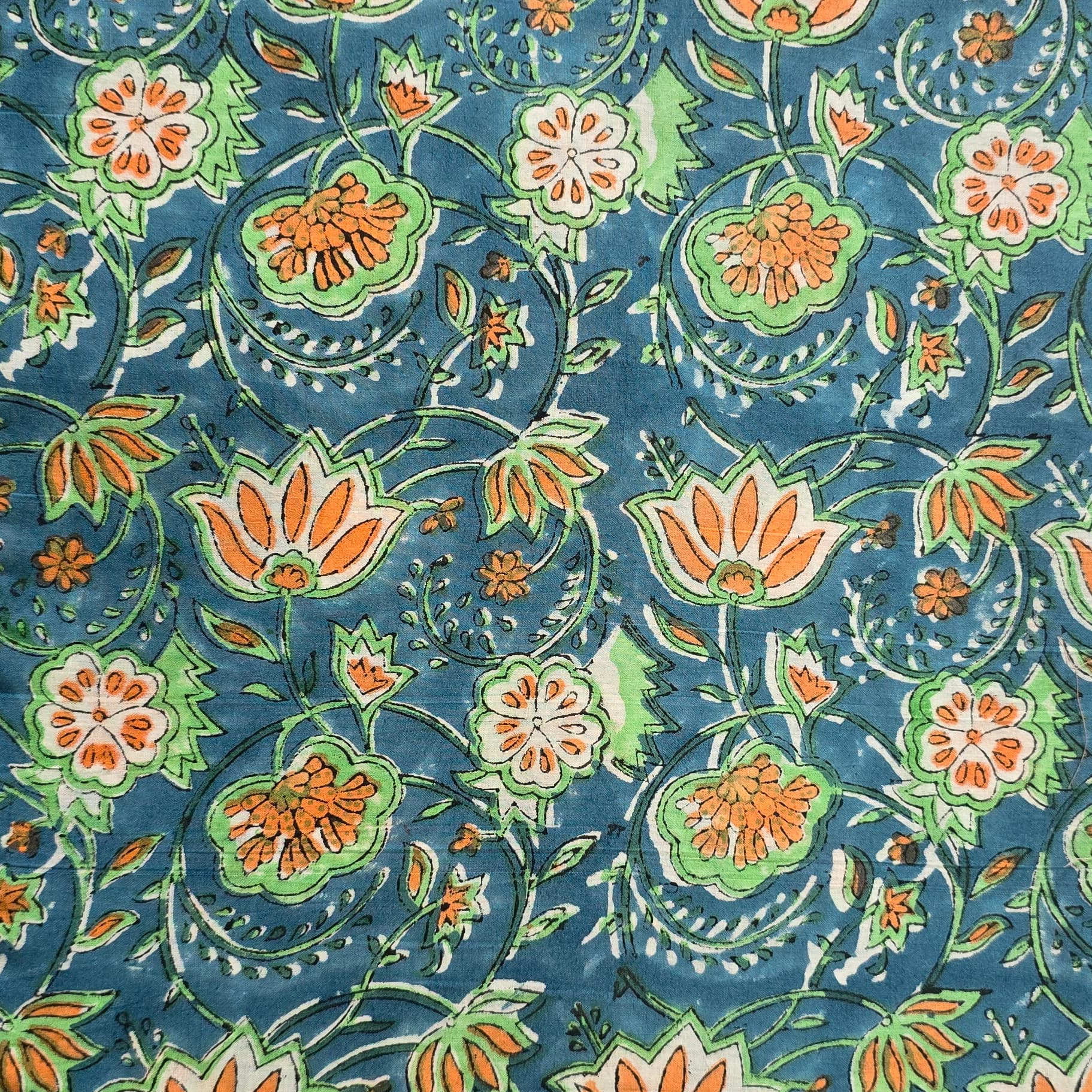 Pure Cotton Jaipuri Blue With Green And Orange Lotus Jaal Hand Block P