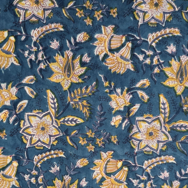 Pure Cotton Jaipuri Blue With Light Yellow Flower Jaal Hand Block Print Fabric