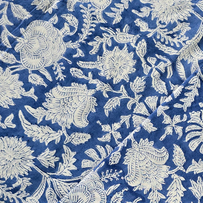 Pure Cotton Jaipuri Blue With  Wild Floral Jaal Hand Block Print Fabric