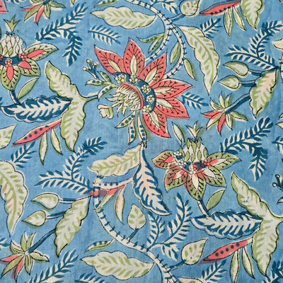 Pure Cotton Jaipuri  Blue With Wild Peach  Floral Jaal Hand Block Print Fabric