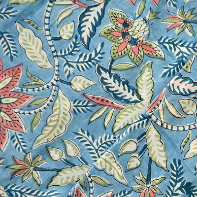 Pure Cotton Jaipuri  Blue With Wild Peach  Floral Jaal Hand Block Print Fabric