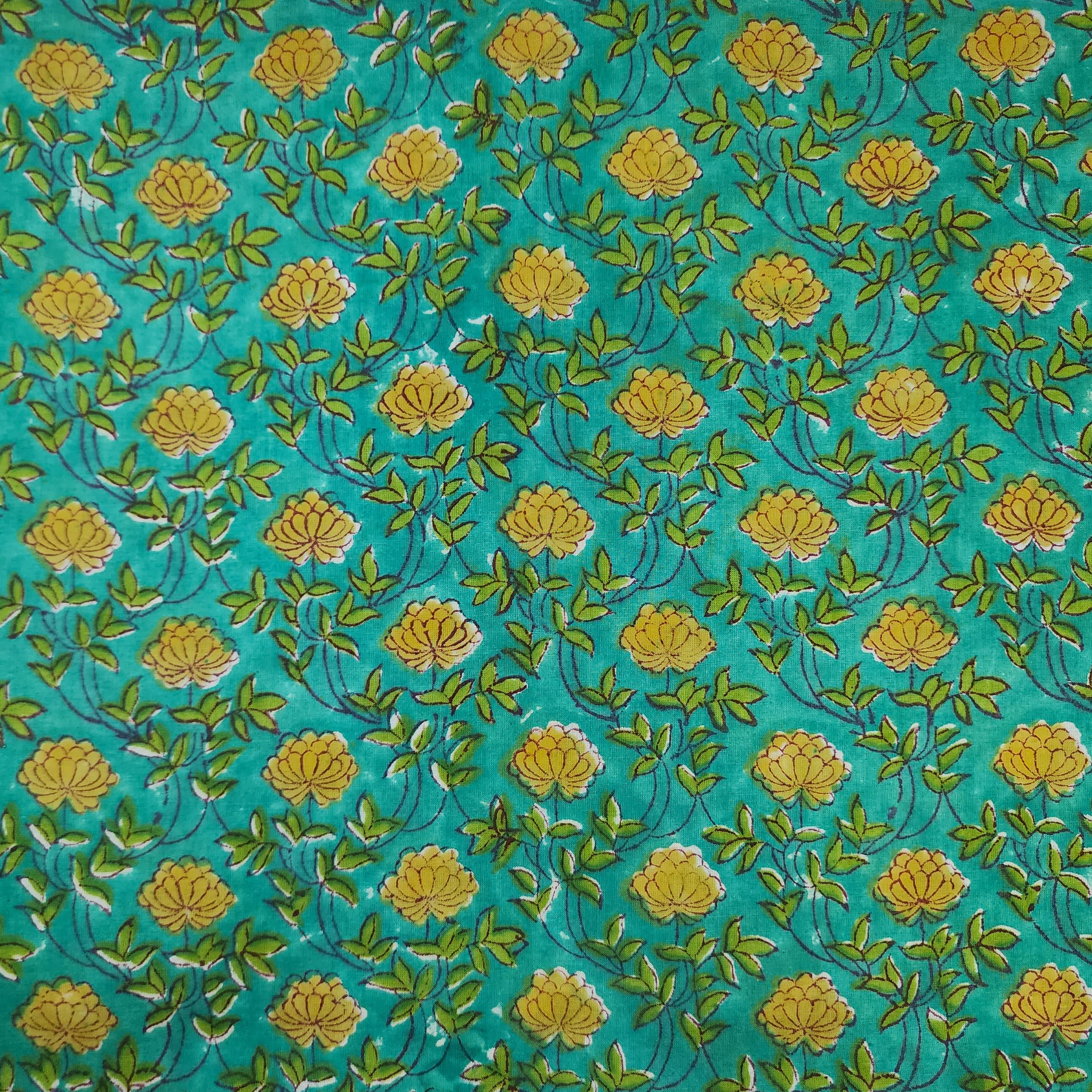 Pure Cotton Jaipuri Blue With Yellow Floral Jaal Hand Block Print Fabr