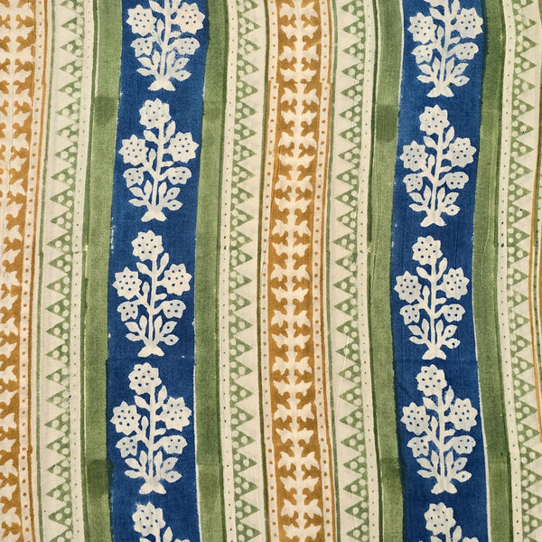 Pure Cotton Jaipuri Cream And Blue Border And Flower Motif Into The Border Hand Block Print Fabric