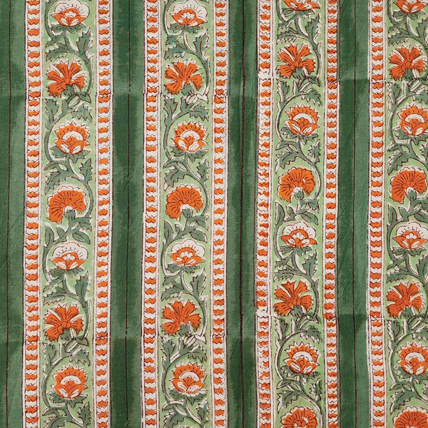 Pure Cotton Jaipuri Green With Genda Phool Border Hand Block Print Fabric