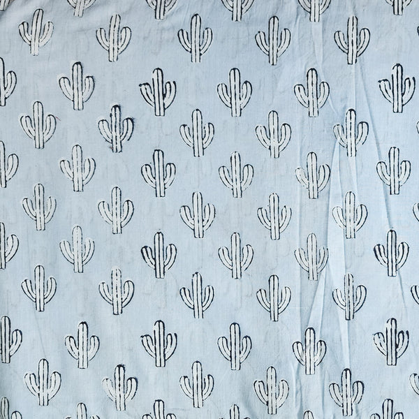Pure Cotton Jaipuri Light Blue With Black Cactus Motif Hand Block Print Fabric