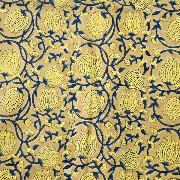 Pure Cotton Jaipuri Light Brown With Light Brown And Blue Lotus Jaal Hand Block Print Fabric