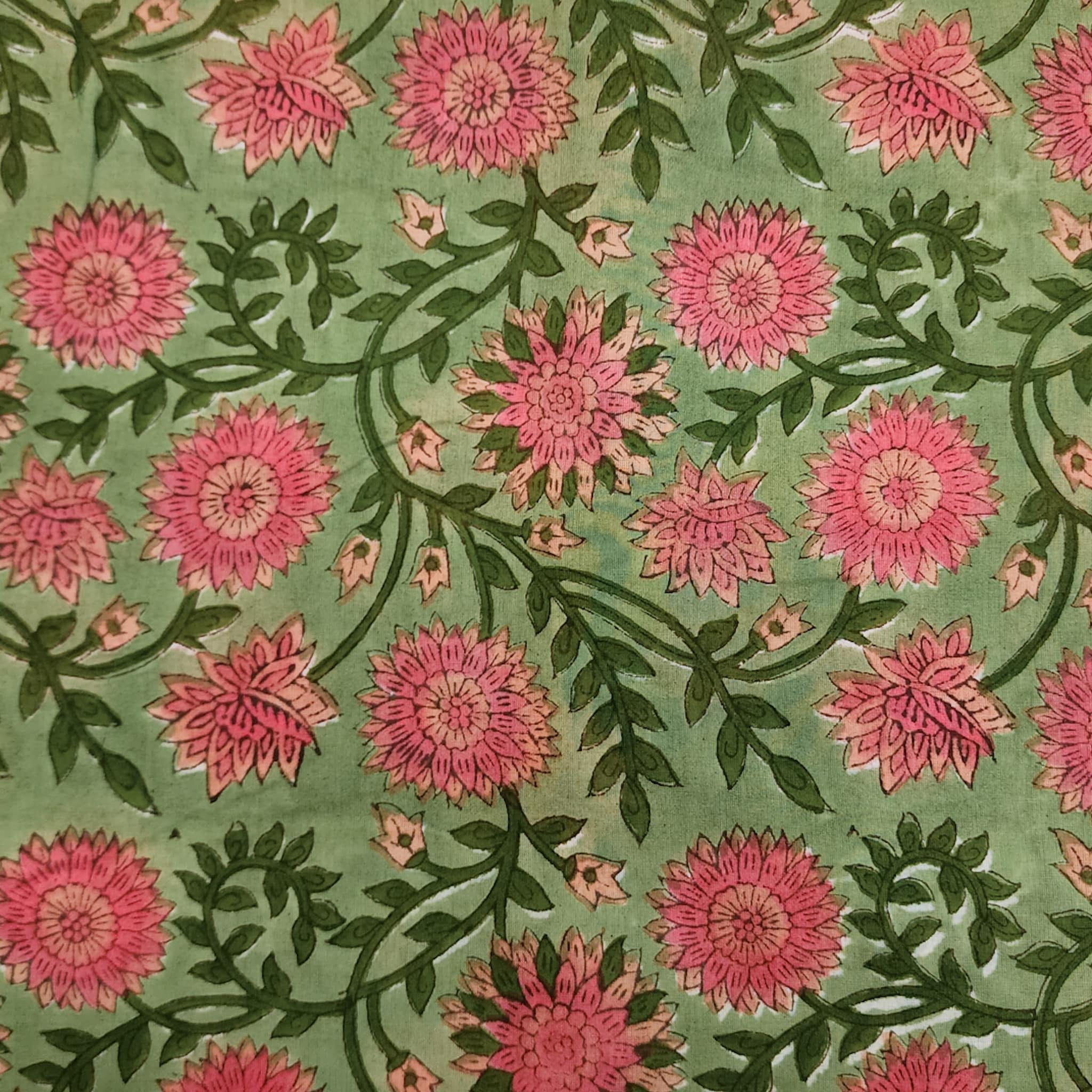 Pure Cotton Jaipuri Light Green With Peach Flower Jaal Hand Block Prin
