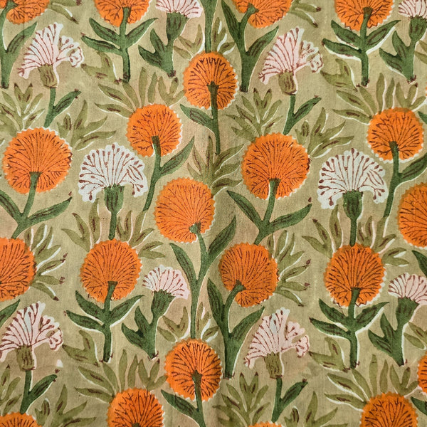 Pure Cotton Jaipuri Light Green With White And Orange Flower Creeper Hand Block Print Fabric