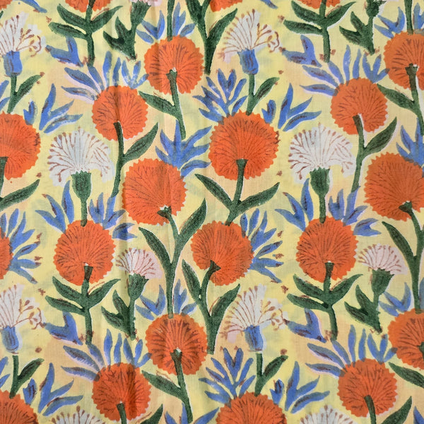 Pure Cotton Jaipuri Light Yellow With White And Orange Flower Creeper Hand Block Print Fabric