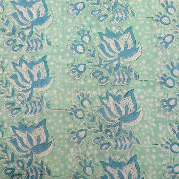 Pure Cotton Jaipuri Mint Green With Lotus  Hand Block Print Fabric