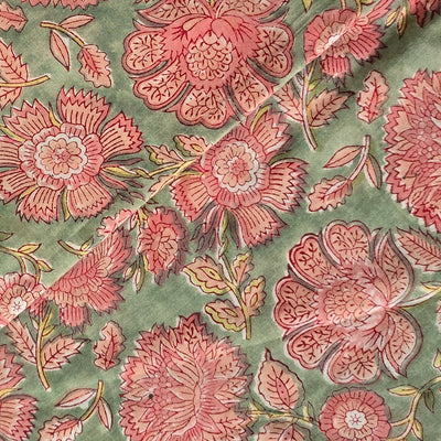 Pure Cotton Jaipuri Mint Green With Peach Rose Flower Jaal Hand Block Print Fabric