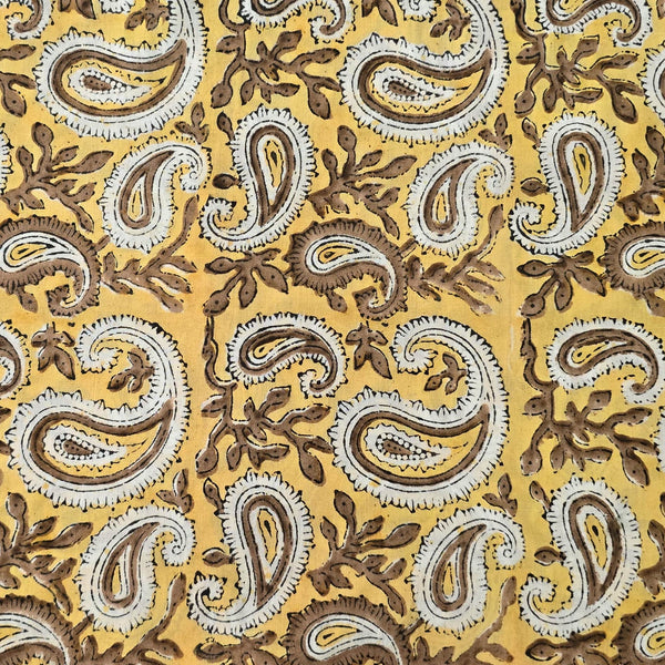Pure Cotton Jaipuri Mustard And Brown Kairi Jaal Hand Block Print Fabric