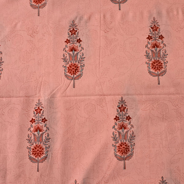 Pure Cotton Jaipuri Peach And Grey And Red Big Leaves Intricate Design Hand Block Print Fabric