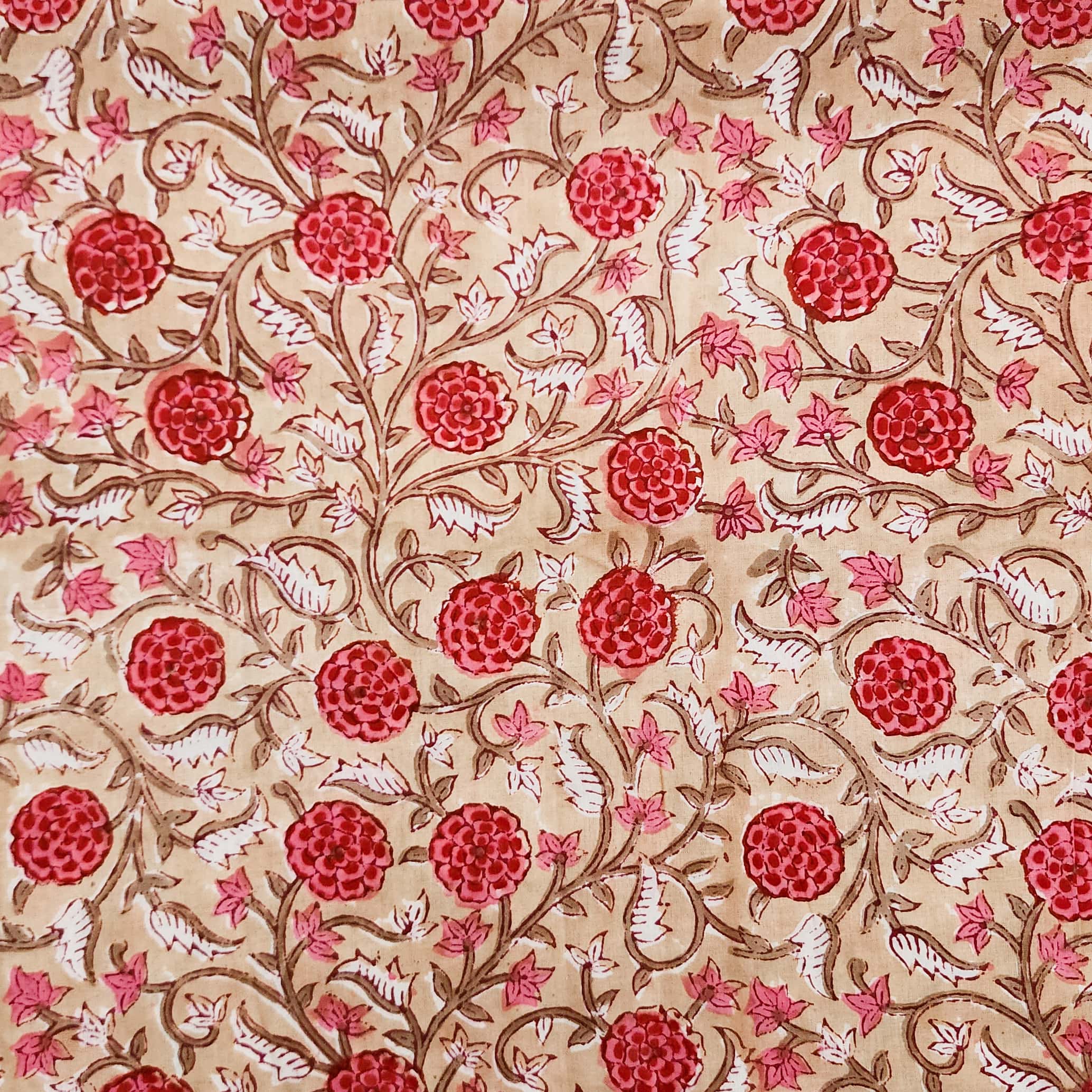 Pure Cotton Jaipuri Peach With Dark Peach Flower Jaal Hand Block Print