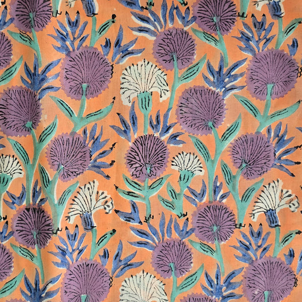 Pure Cotton Jaipuri Peach With White And Purple Flower Creeper Hand Block Print Fabric