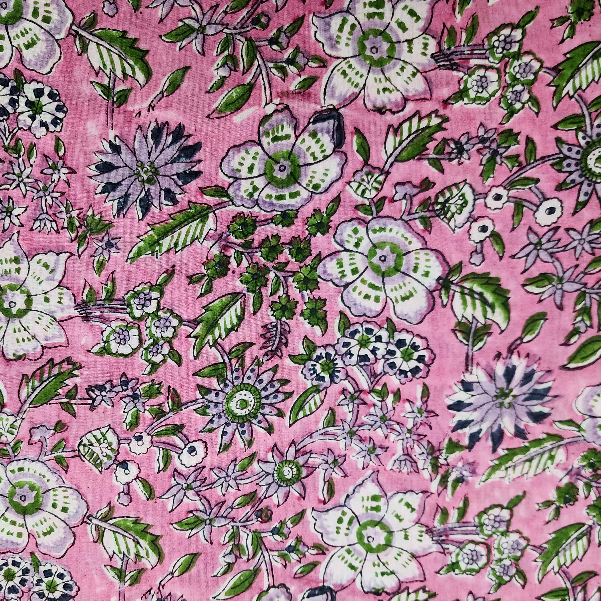 Pure Cotton Jaipuri Pink With Purple And White Flower Jaal Hand Block