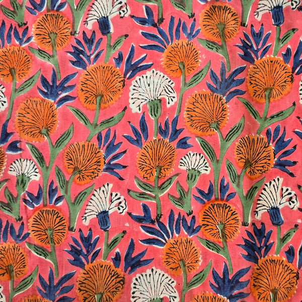 Pure Cotton Jaipuri Pink With White And Orange Flower Creeper Hand Block Print Fabric