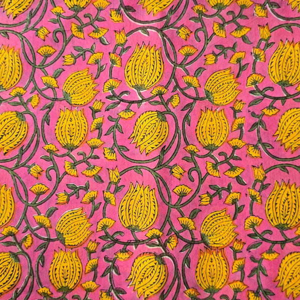 Pure Cotton Jaipuri Pink With Yellow Lotus Jaal Hand Block Print Fabric