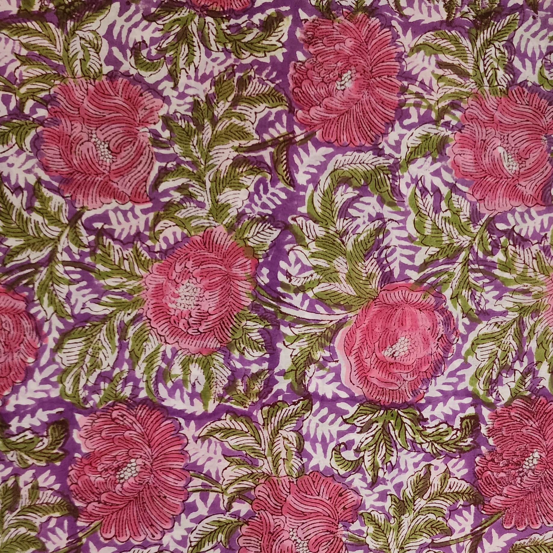 Pure Cotton Jaipuri Purple With Pink Big Rose Flower Jaal Hand Block P