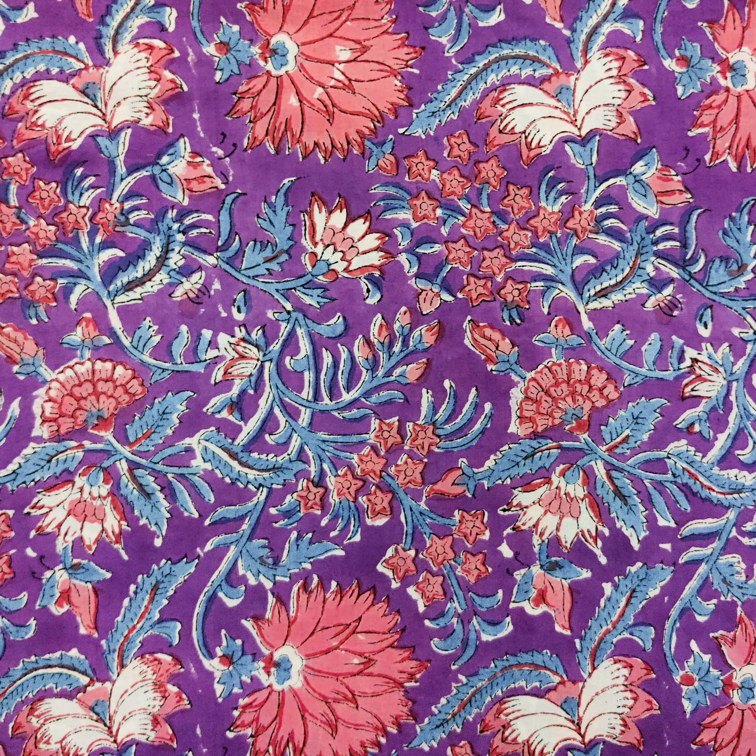 ( PreCut 2 Meter ) Pure Cotton Jaipuri Purple With Wild Orange Jaal H