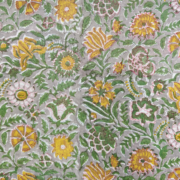 Pre-cut 1 meter Pure Cotton Jaipuri Sea Green With Mustard Flower Jaal Hand Block Print Fabric