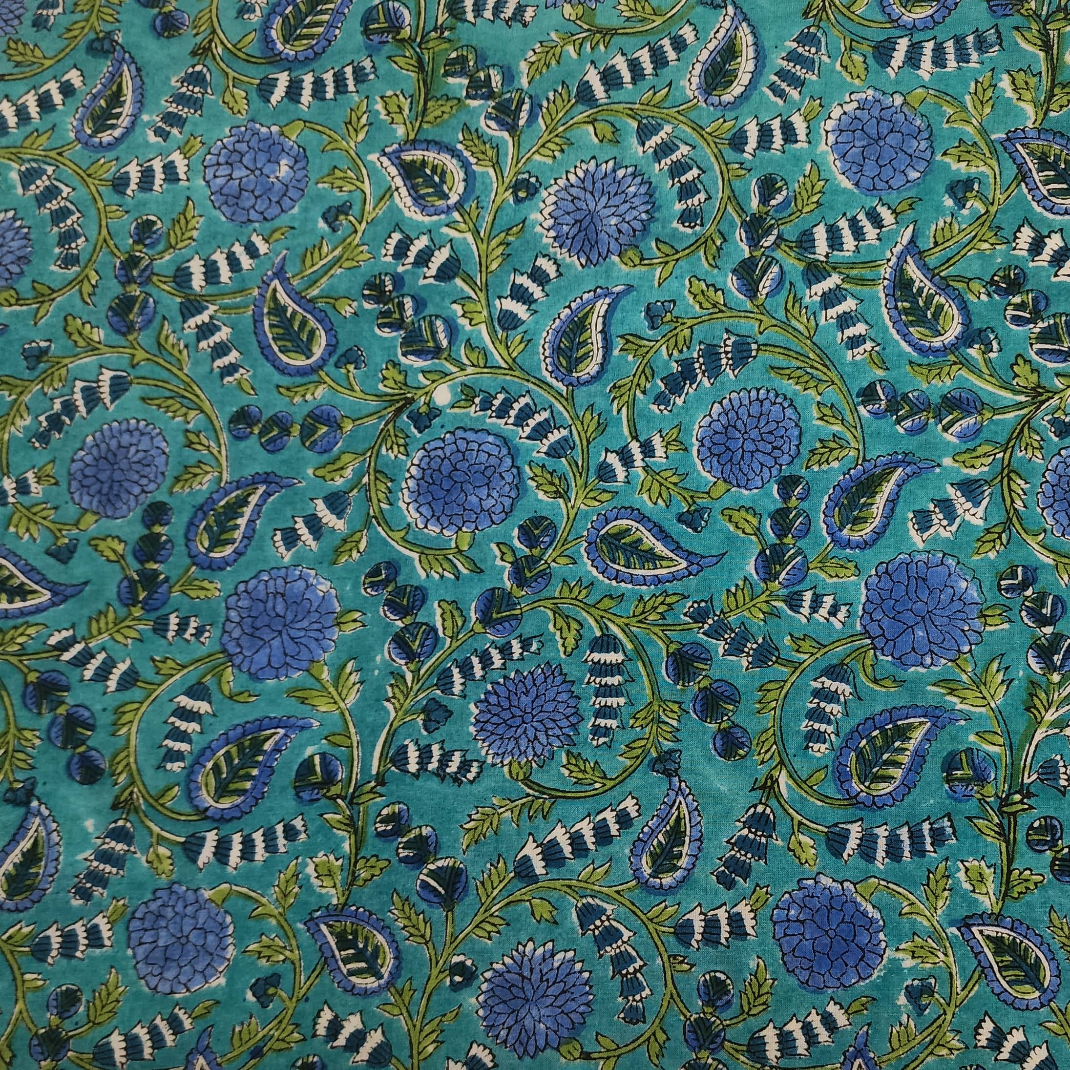 Pure Cotton Jaipuri Teal Blue With Blue Floral Jaal Hand Block Print F