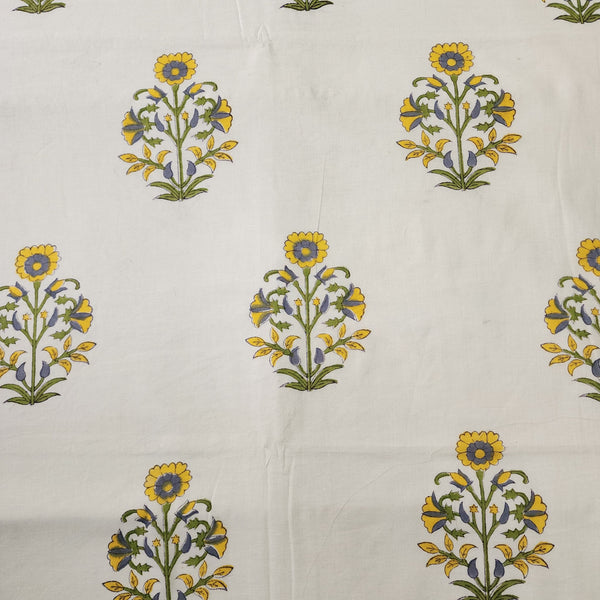 Pure Cotton Jaipuri White And Green With Yellow Big Motif Hand Block Print Fabric