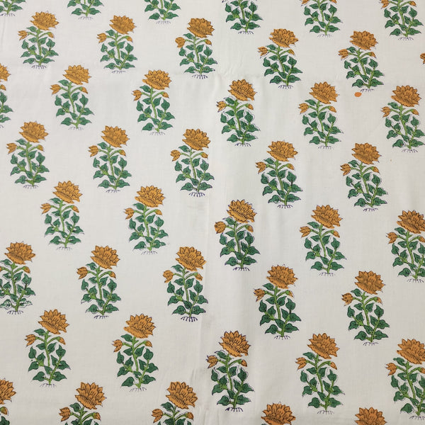 Pure Cotton Jaipuri White And Green With Yellow Flower Motif Hand Block Print Fabric