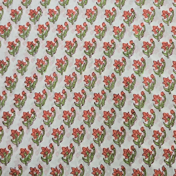 Pure Cotton Jaipuri White And Peach Tiny Flower Motif Hand Block Print Fabric