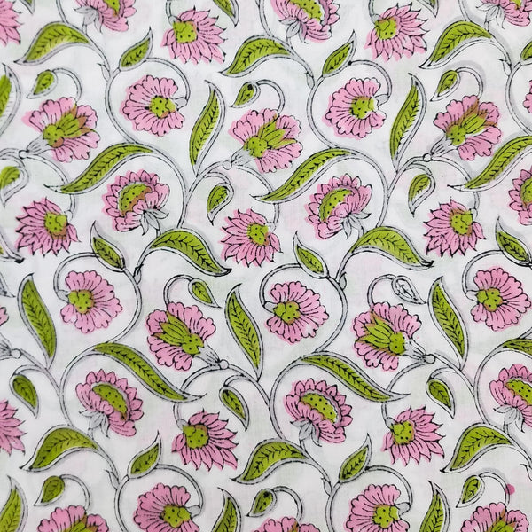 ( Pre-Cut 0.95 Meter ) Pure Cotton Jaipuri White And Pink And Green Jaal Hand Block Print Fabric