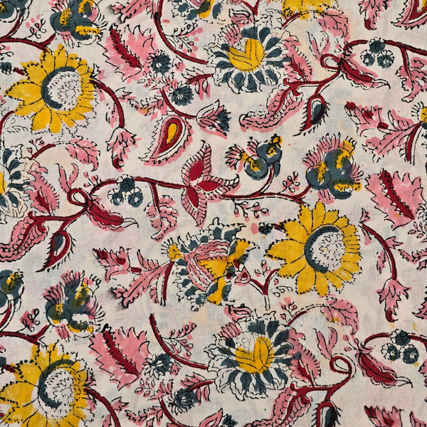 Pure Cotton Jaipuri White And Pink And Yellow Flower Jaal Hand Block Print Fabric