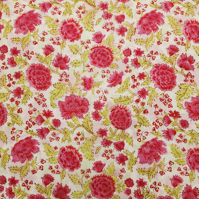 Pre-Cut 1.20 Meter Pure Cotton Jaipuri White And Pink Rose Jaal Hand Block Print Fabric