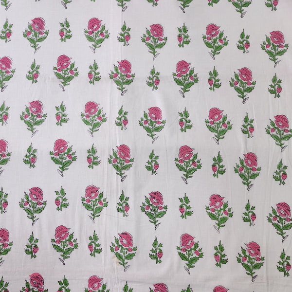 Pure Cotton Jaipuri White And Pink Rose Motif Hand Block Print Fabric