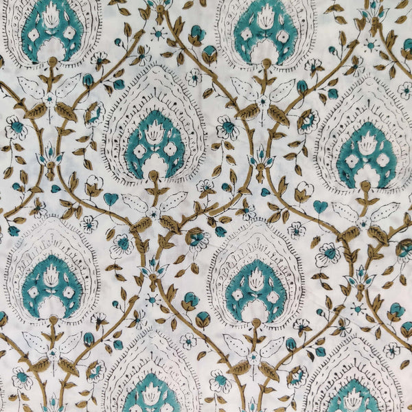 Precut1 meter Pure Cotton Jaipuri White With All Over Pattern Blue Wild Flowers Hand Block Print Fabric